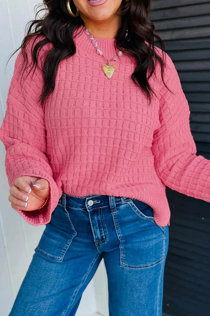Hot Pink Textured grid knit drop shoulder crew neck sweater