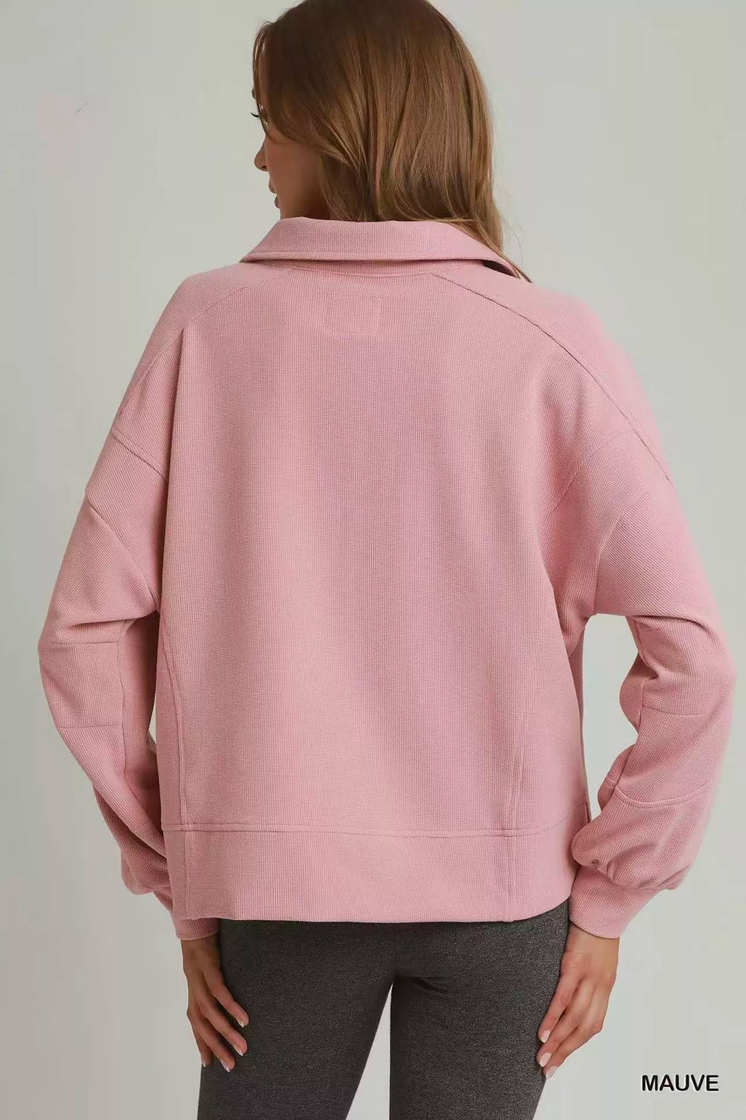 Polo collar brushed waffle pullover sweatshirt