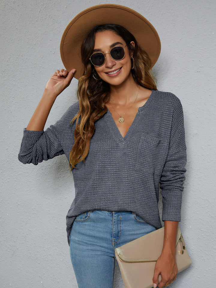 Dark Gray Dropped-shoulder waffle-knit V-neck top with high-low hem