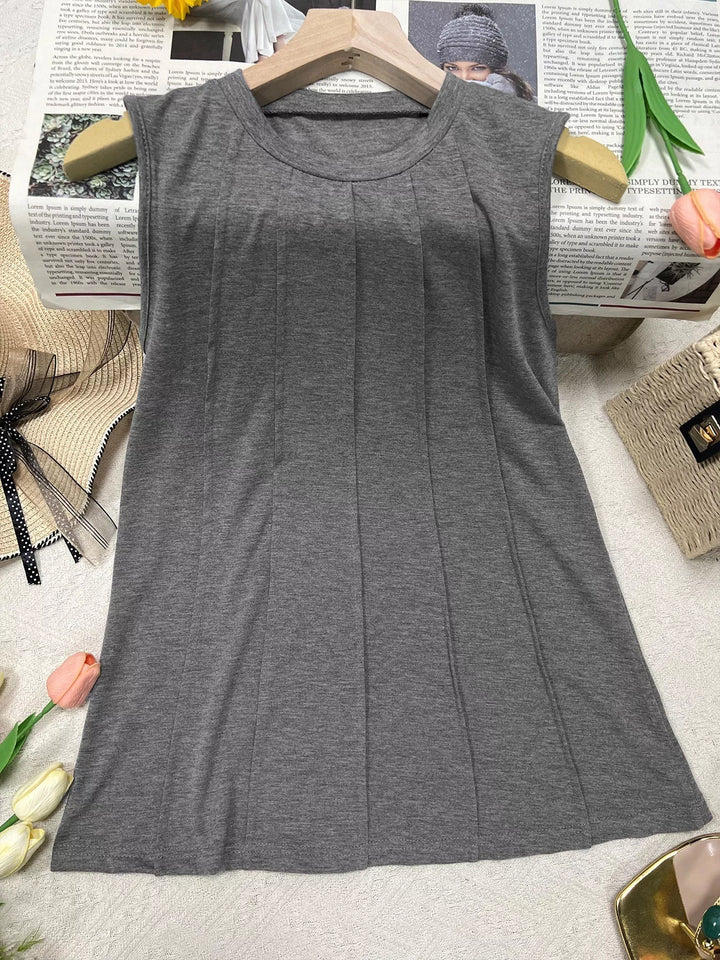 Pintuck pleated round neck sleeveless tank top