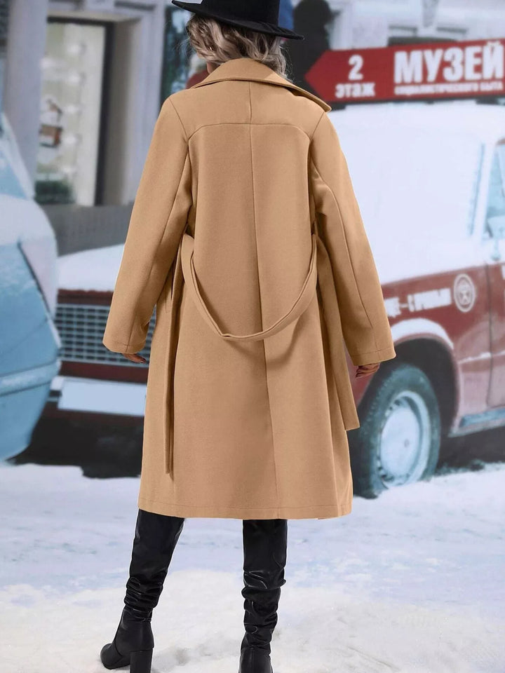 Double-breasted belted longline overcoat with lapel collar