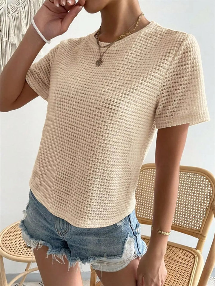 Waffle knit crew neck short sleeve top