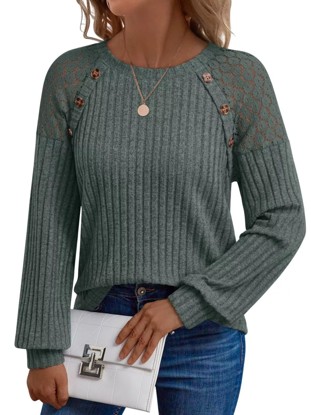 Olive Green Ribbed knit long sleeve top with lace shoulder detail