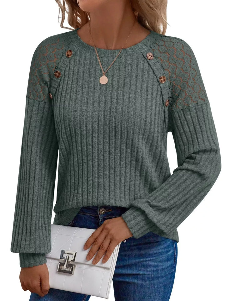 Olive Green Ribbed knit long sleeve top with lace shoulder detail