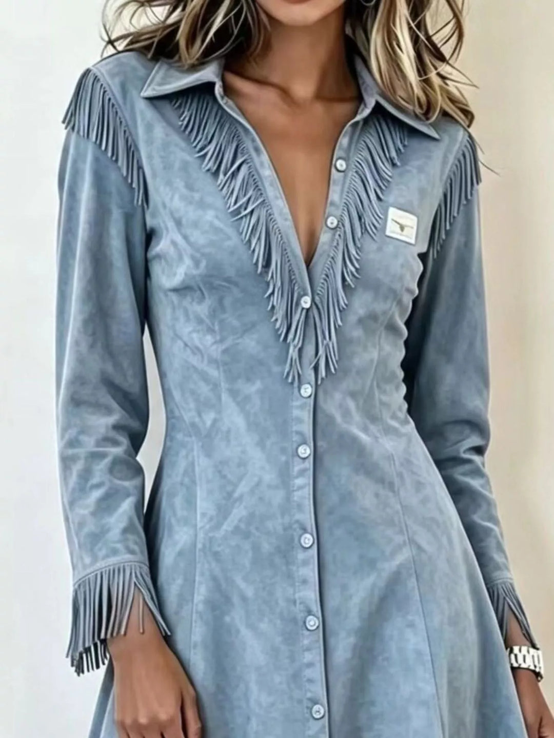 Light Blue Fringe-trim faux suede button-down midi shirt dress