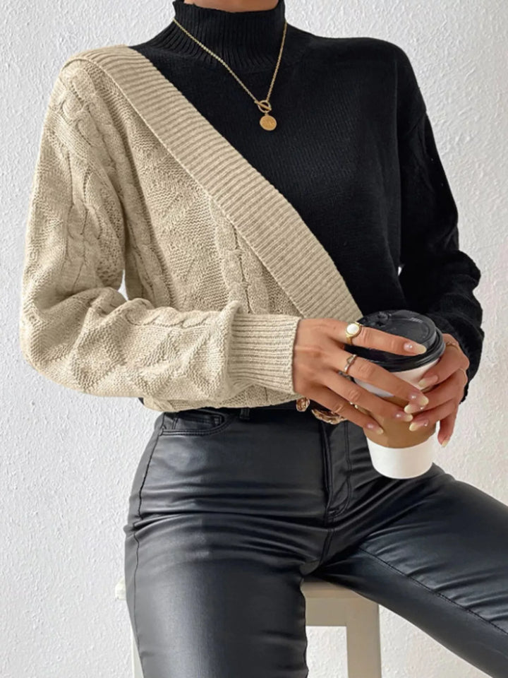 Khaki Diagonal color block cable knit mock neck sweater