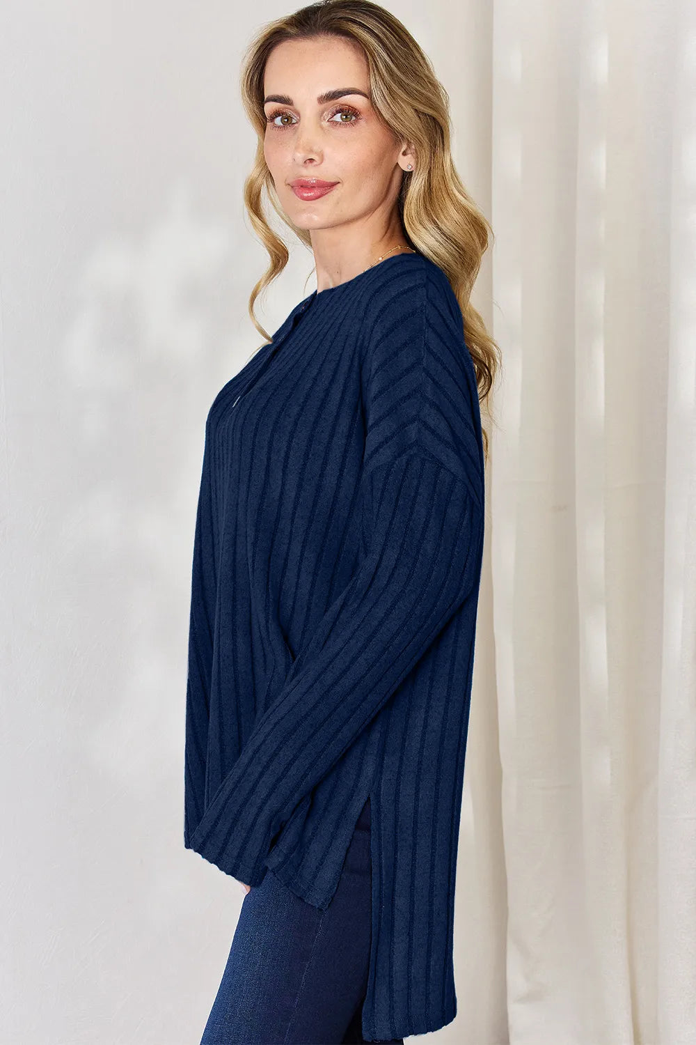 Ribbed knit half-button long sleeve high-low top
