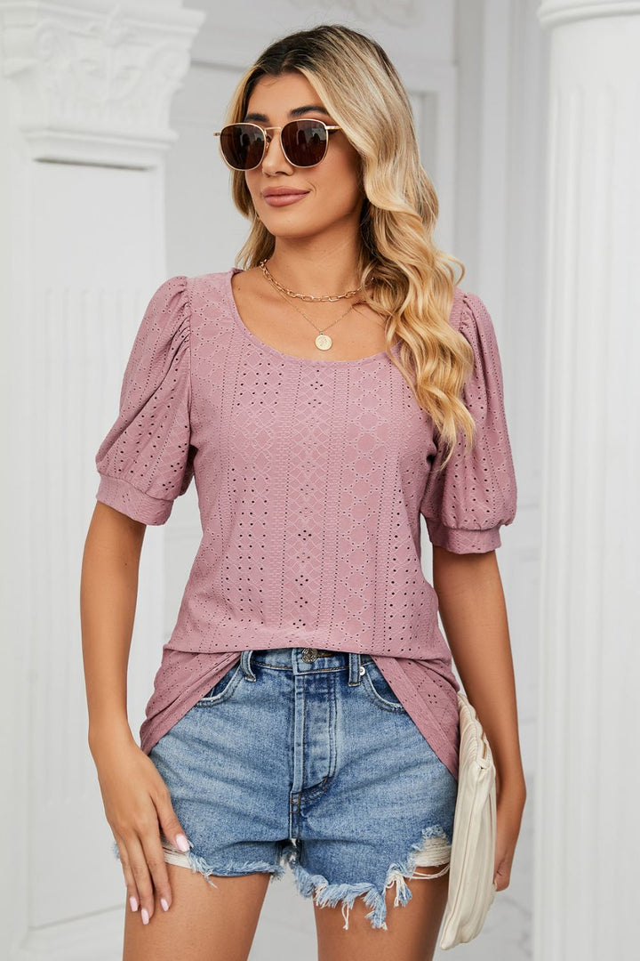 Eyelet puff sleeve top with scoop neckline