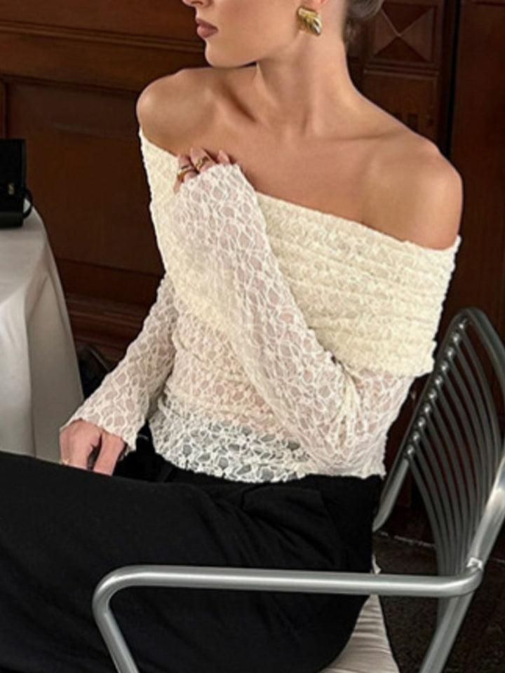 Beige Off-shoulder ruched lace top with long sleeves