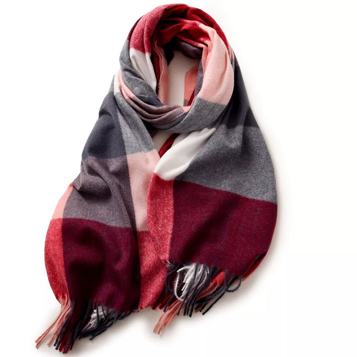 Style A Oversized plaid blanket scarf with fringe trim