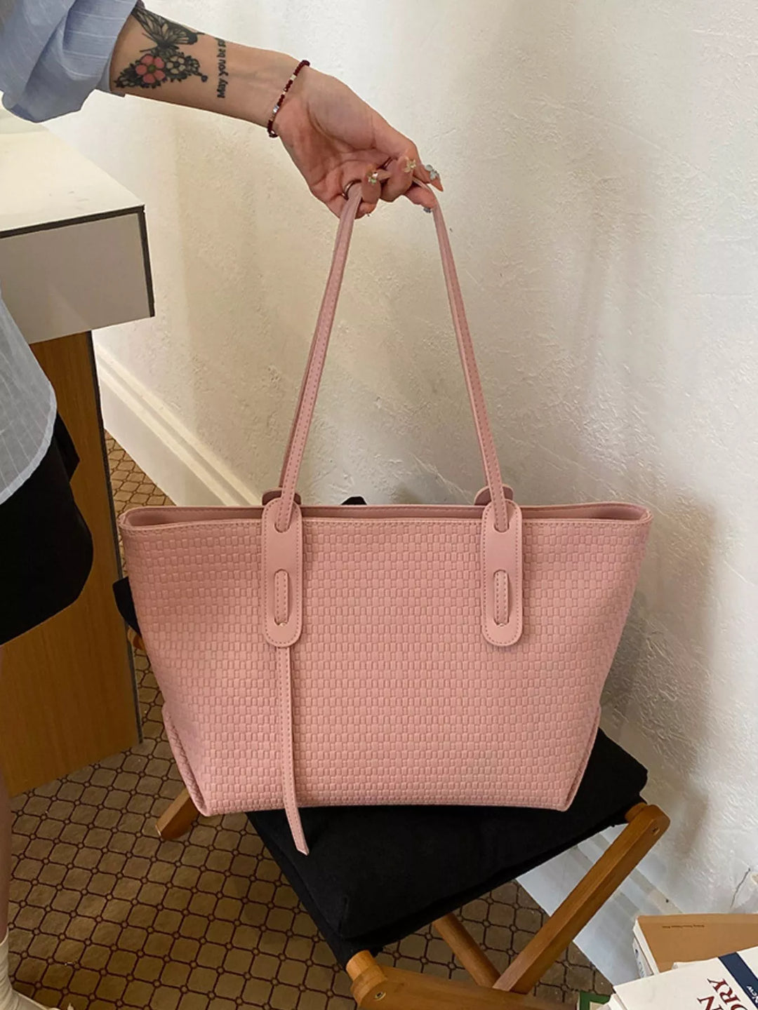 Woven texture faux leather large shoulder tote bag