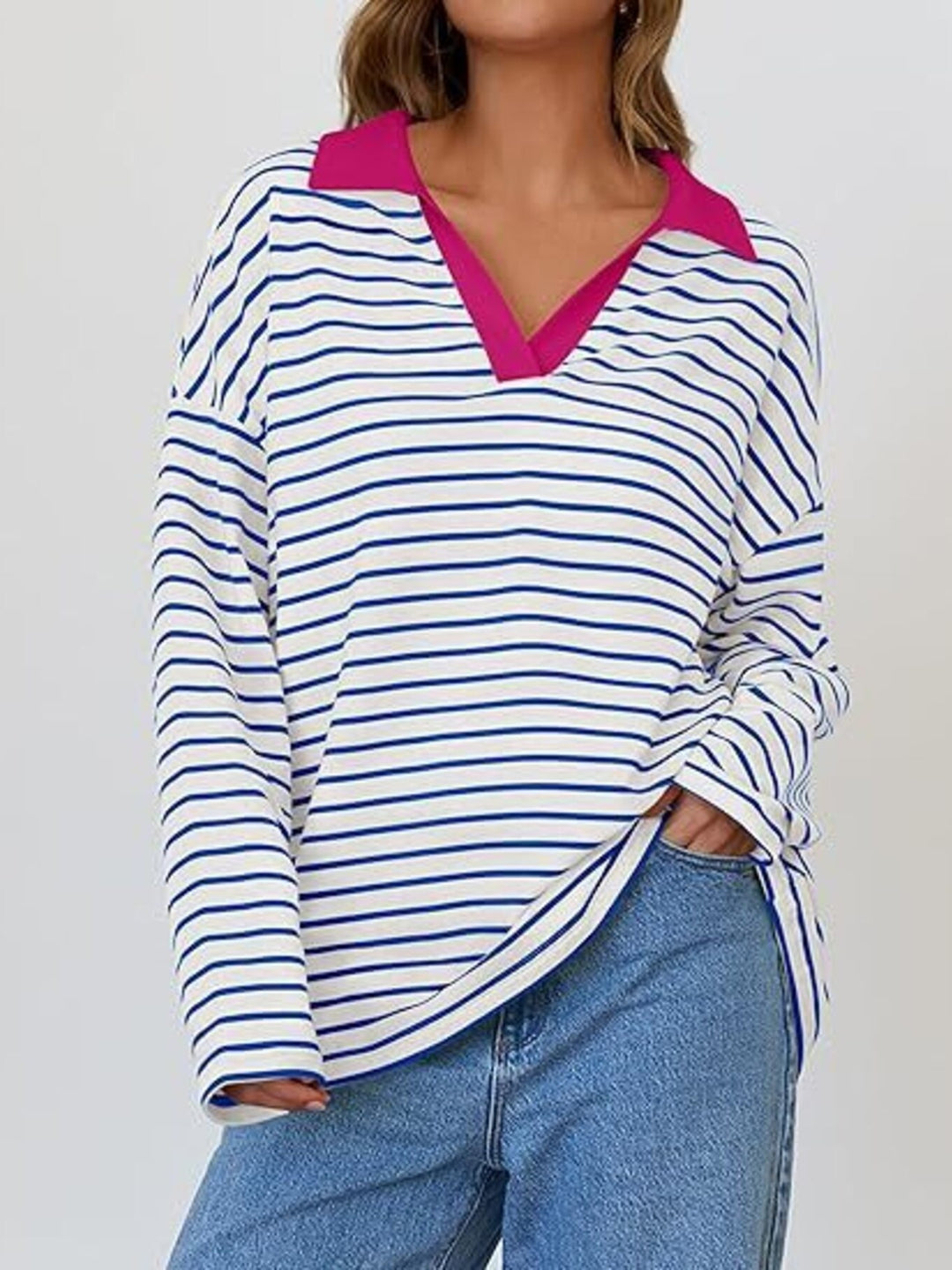 Striped oversized long sleeve top with contrast collar