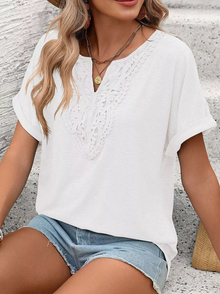 Lace-trim V-neck short sleeve top with rolled cuffs