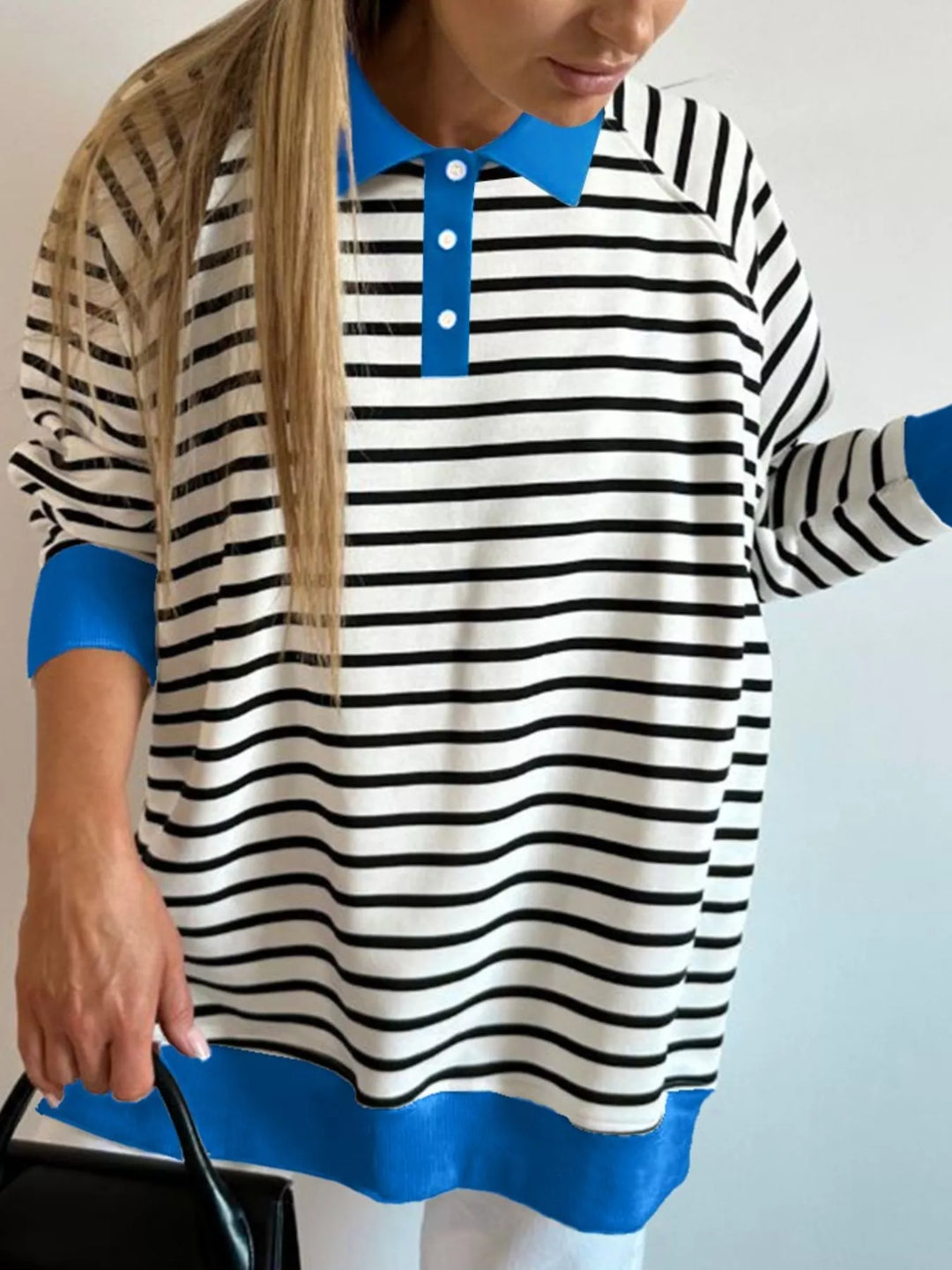 Striped long sleeve polo collar sweatshirt with contrast trim