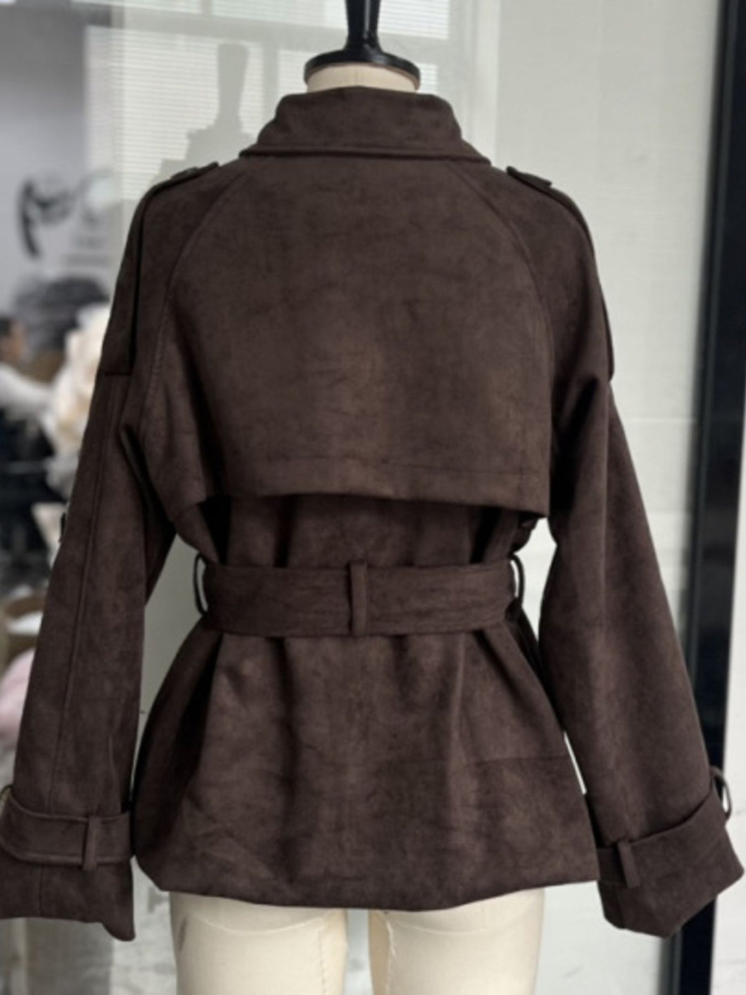 Suede-look tie-waist cropped jacket with lapel collar