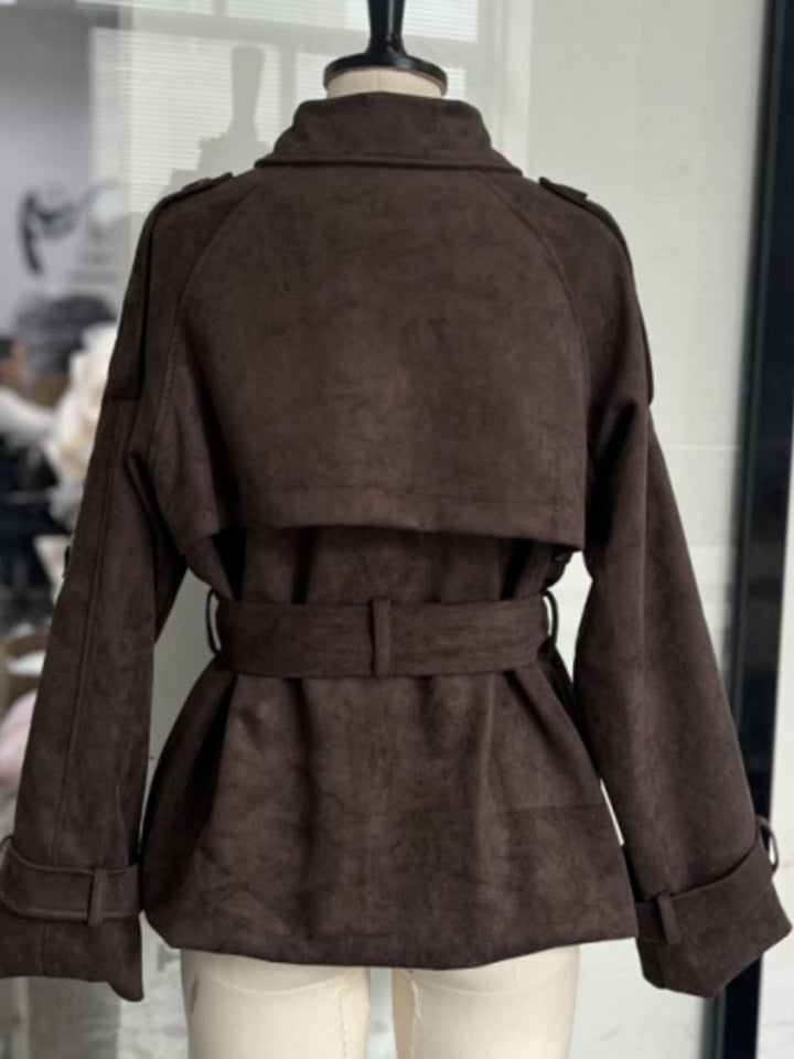 Suede-look tie-waist cropped jacket with lapel collar
