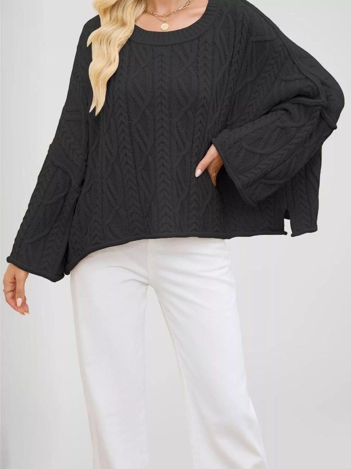 Black Cable knit drop shoulder oversized sweater with bell sleeves