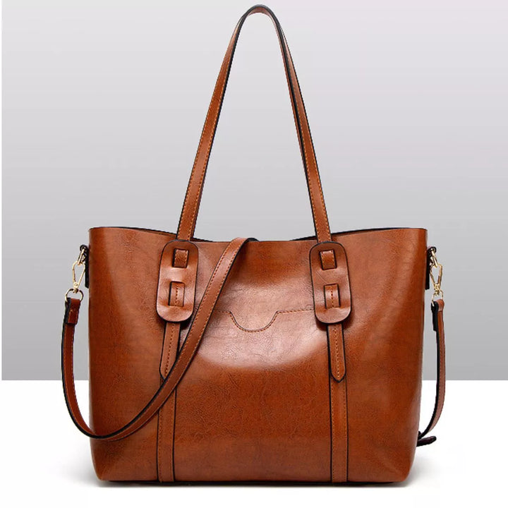 Buckle-strap faux leather shoulder tote bag