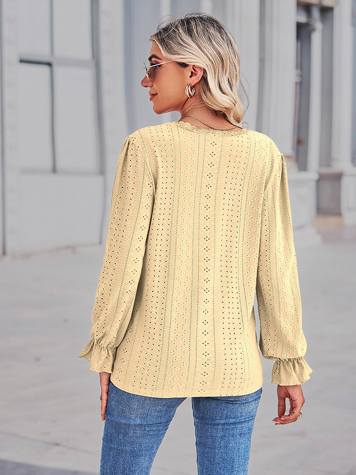 Eyelet openwork V-neck blouse with flounce sleeves