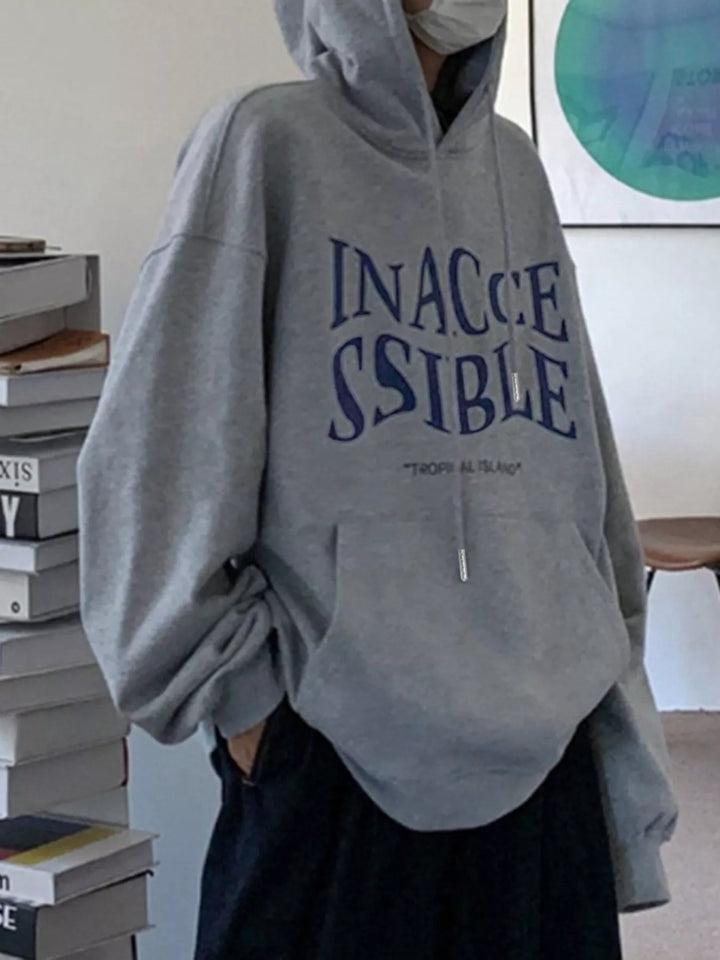 Gray Oversized graphic pullover hoodie with kangaroo pocket