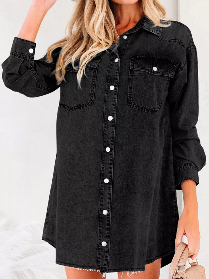 Black Loose-fit denim shirt dress with raw hem and chest pockets