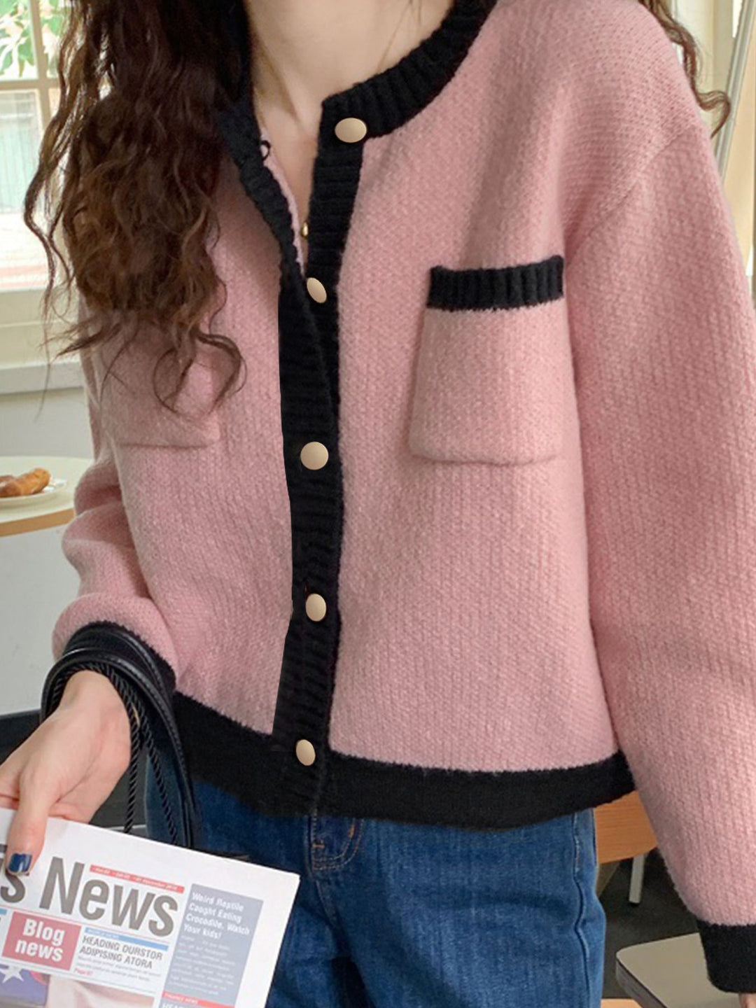Pink Contrast-trim button-up knit cardigan with patch pockets