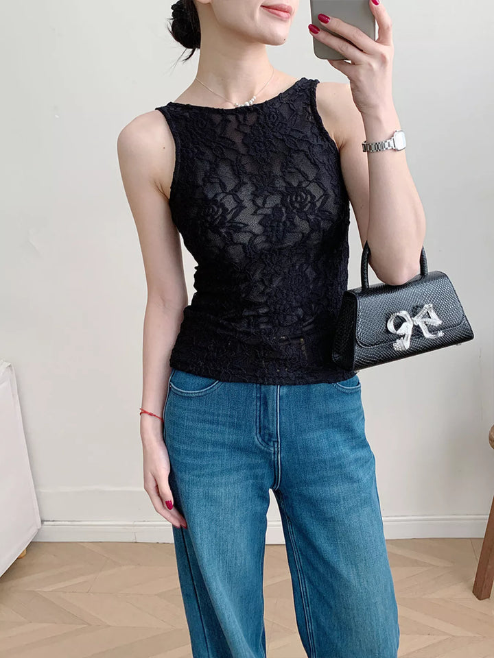 Sheer floral lace round neck long sleeve top