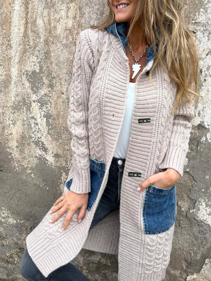 Hooded cable knit longline cardigan with toggle buttons