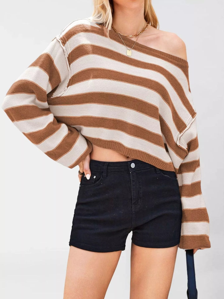 Brown Striped oversized boat neck cropped sweater with exposed seams