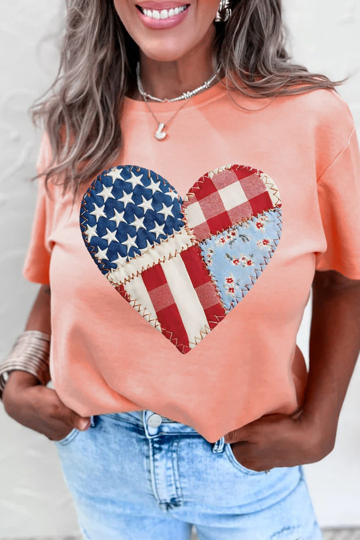 Patriotic patchwork heart graphic crew neck tee