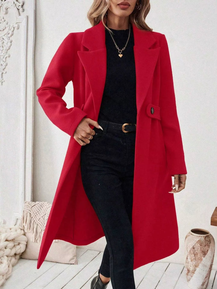 Red Longline notch lapel coat with single-button waist tab