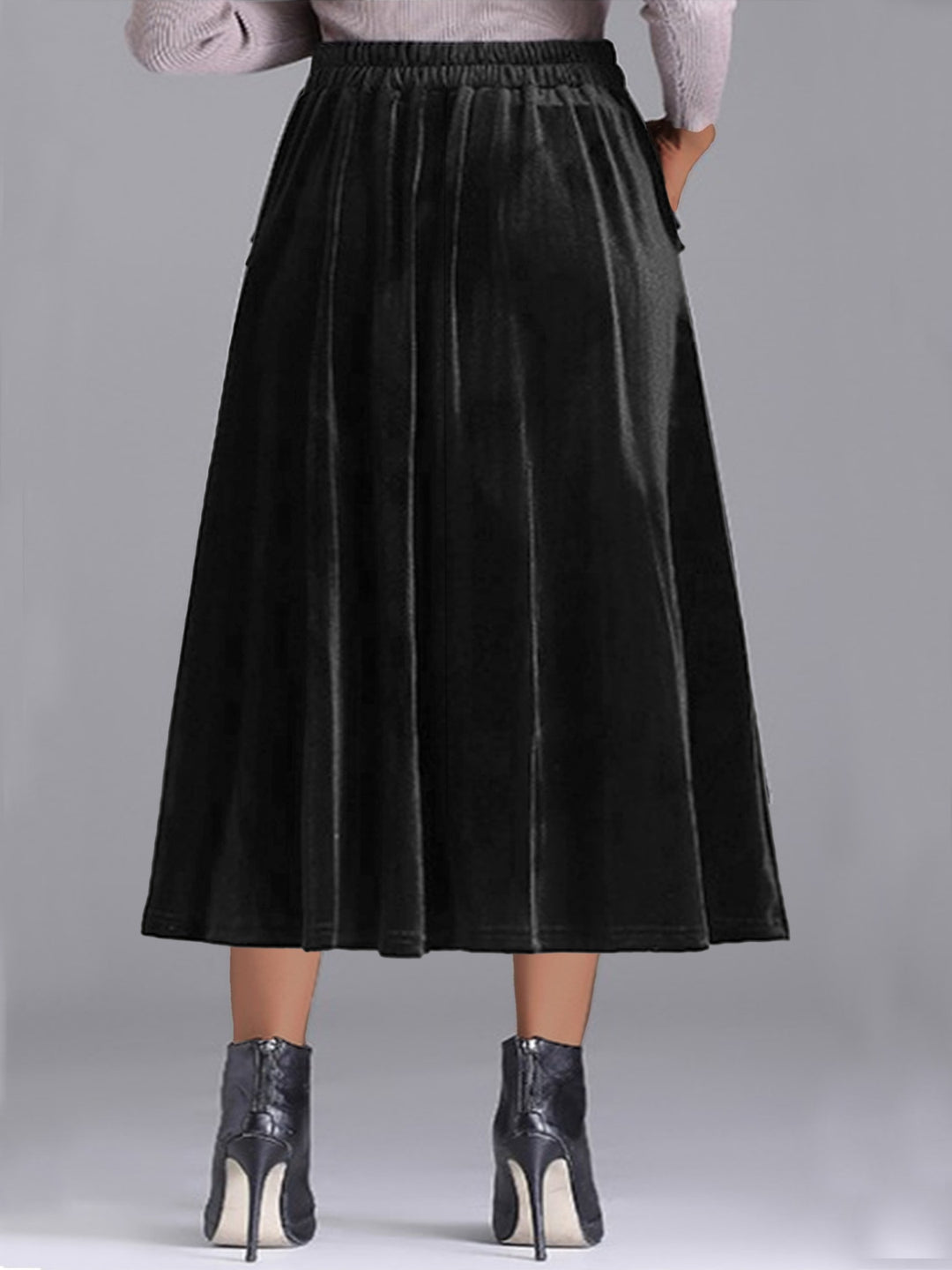 Plus size velvet A-line midi skirt with side pocket