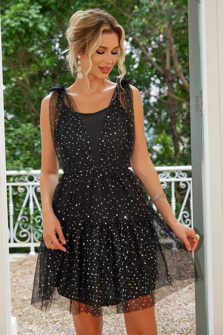 Star-print mesh tie-shoulder tiered mini dress