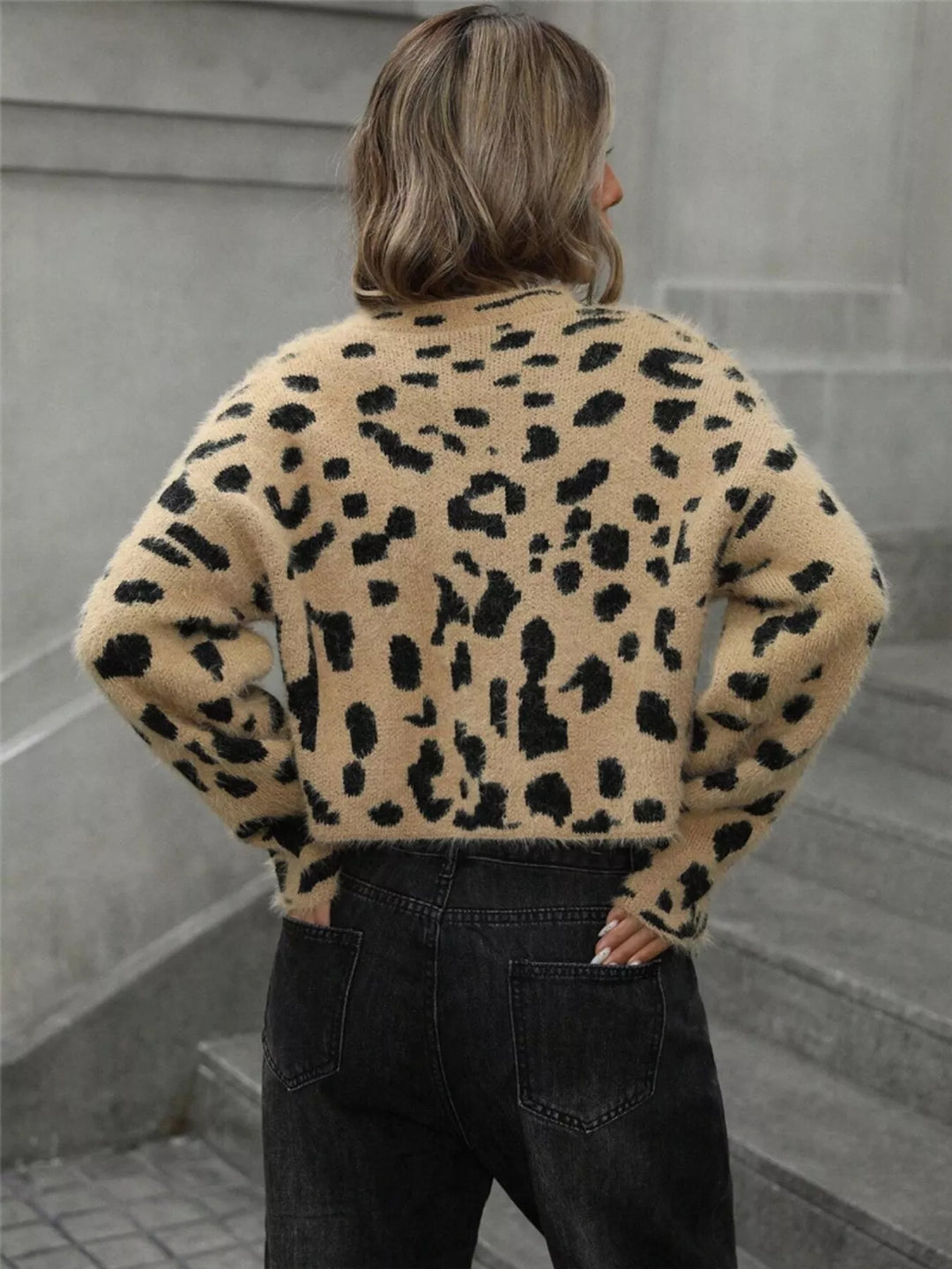 Fuzzy leopard cropped sweater with mock neck