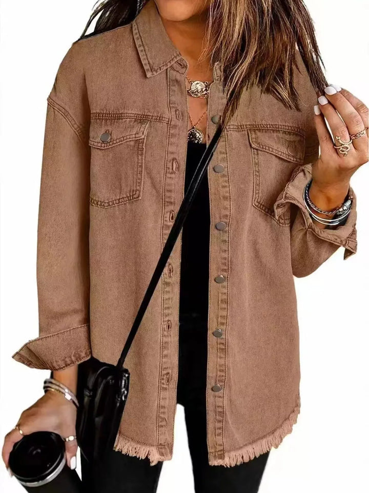 Camel Frayed raw hem button-up denim jacket with flap pockets