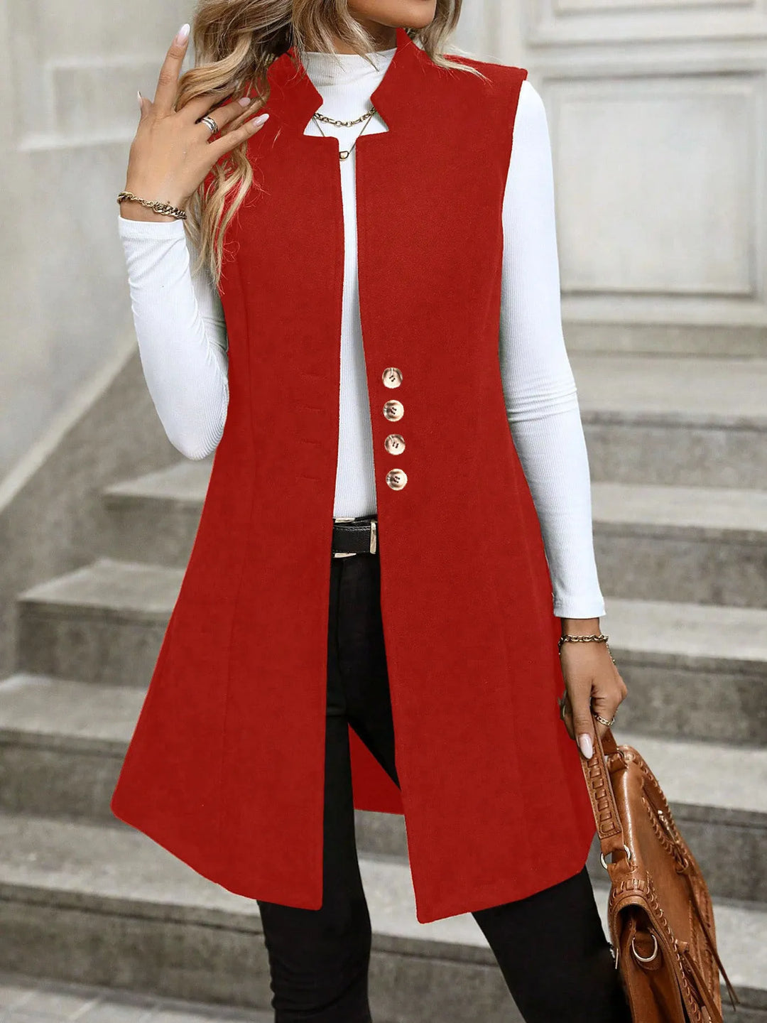Longline sleeveless vest coat with button front
