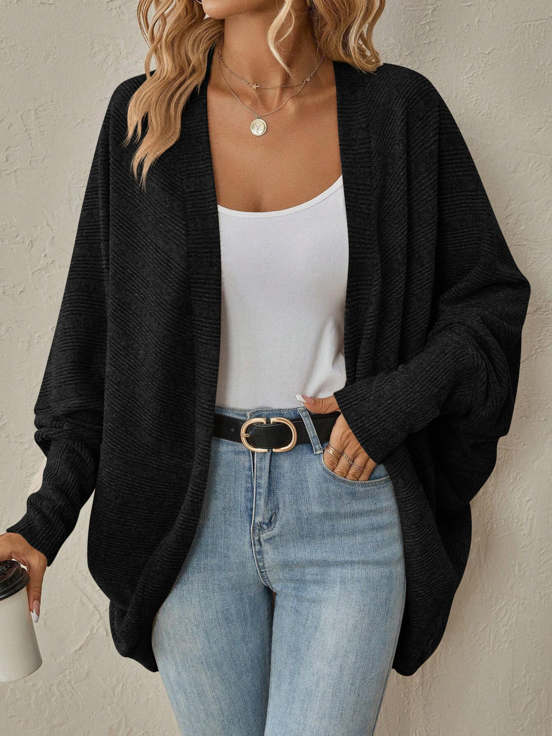 Black Ribbed open-front batwing sleeve cardigan