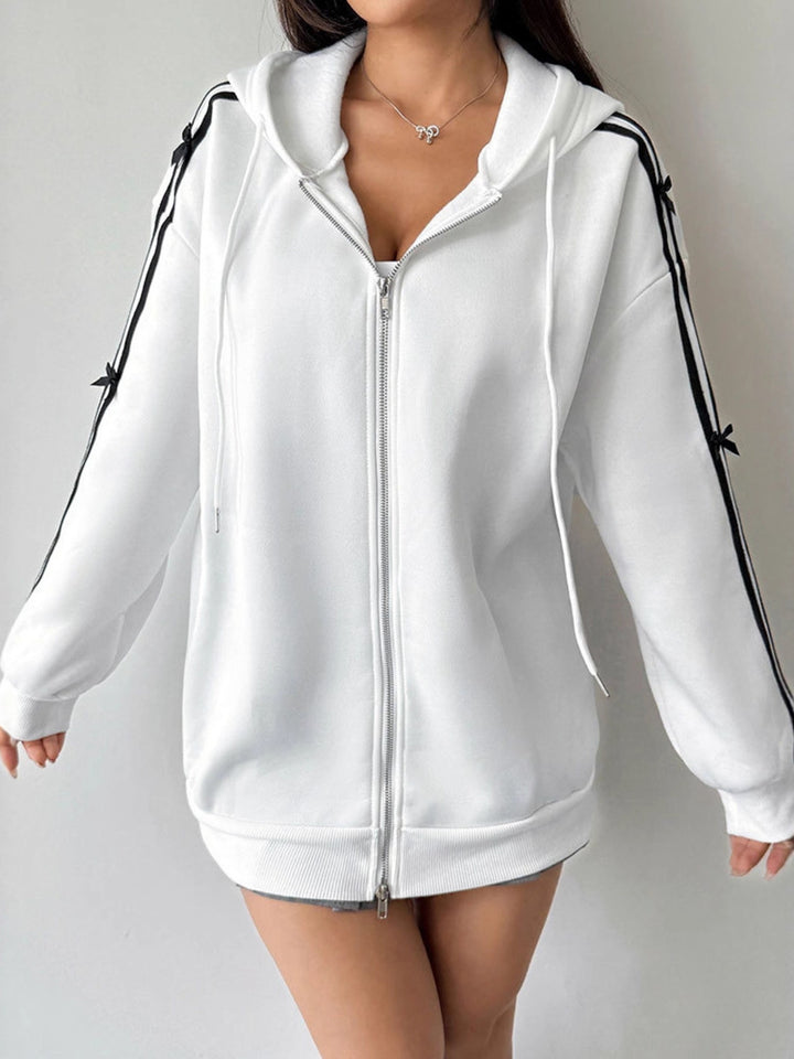 Zip-up hoodie with striped sleeves and bow detail