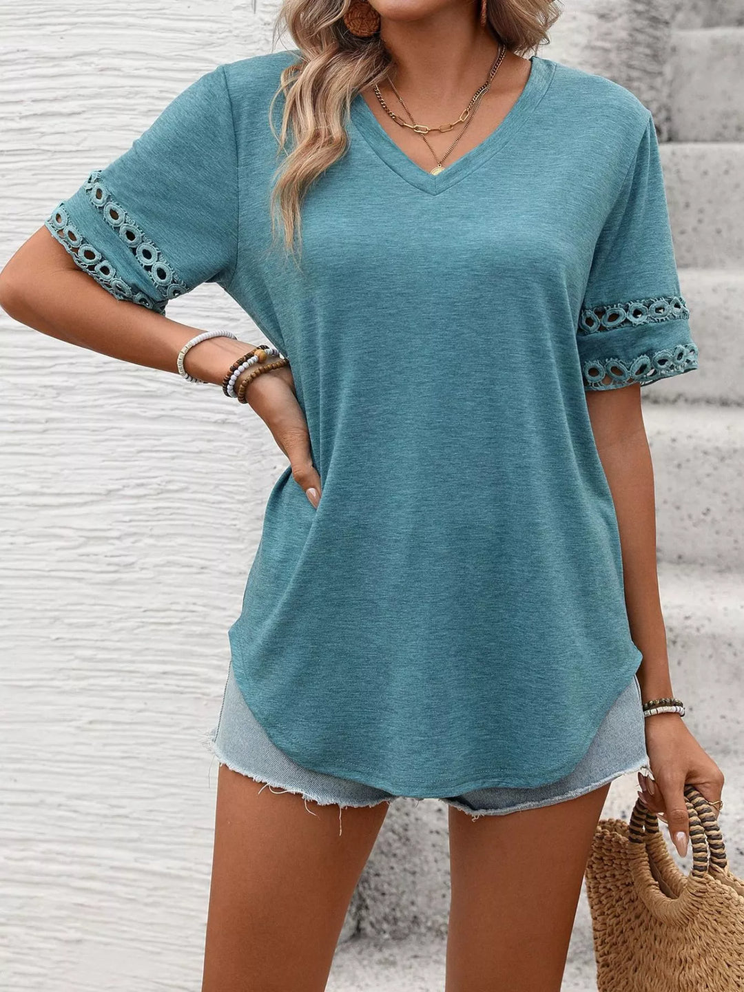 V-neck tee with crochet lace cutout sleeves