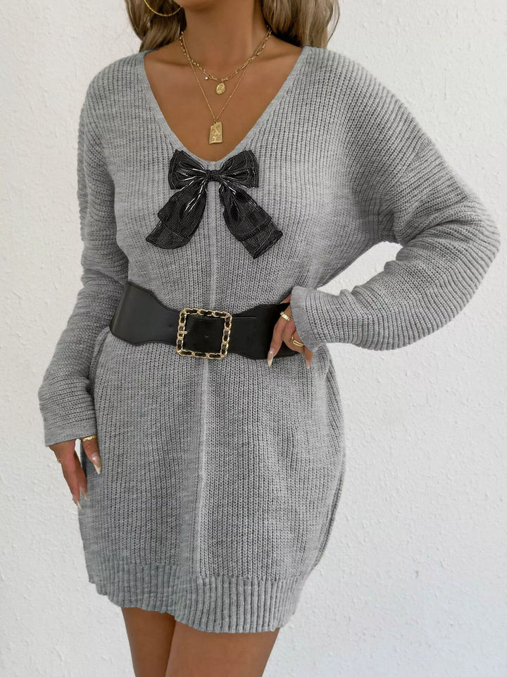 Bow-front ribbed knit mini sweater dress with V-neck