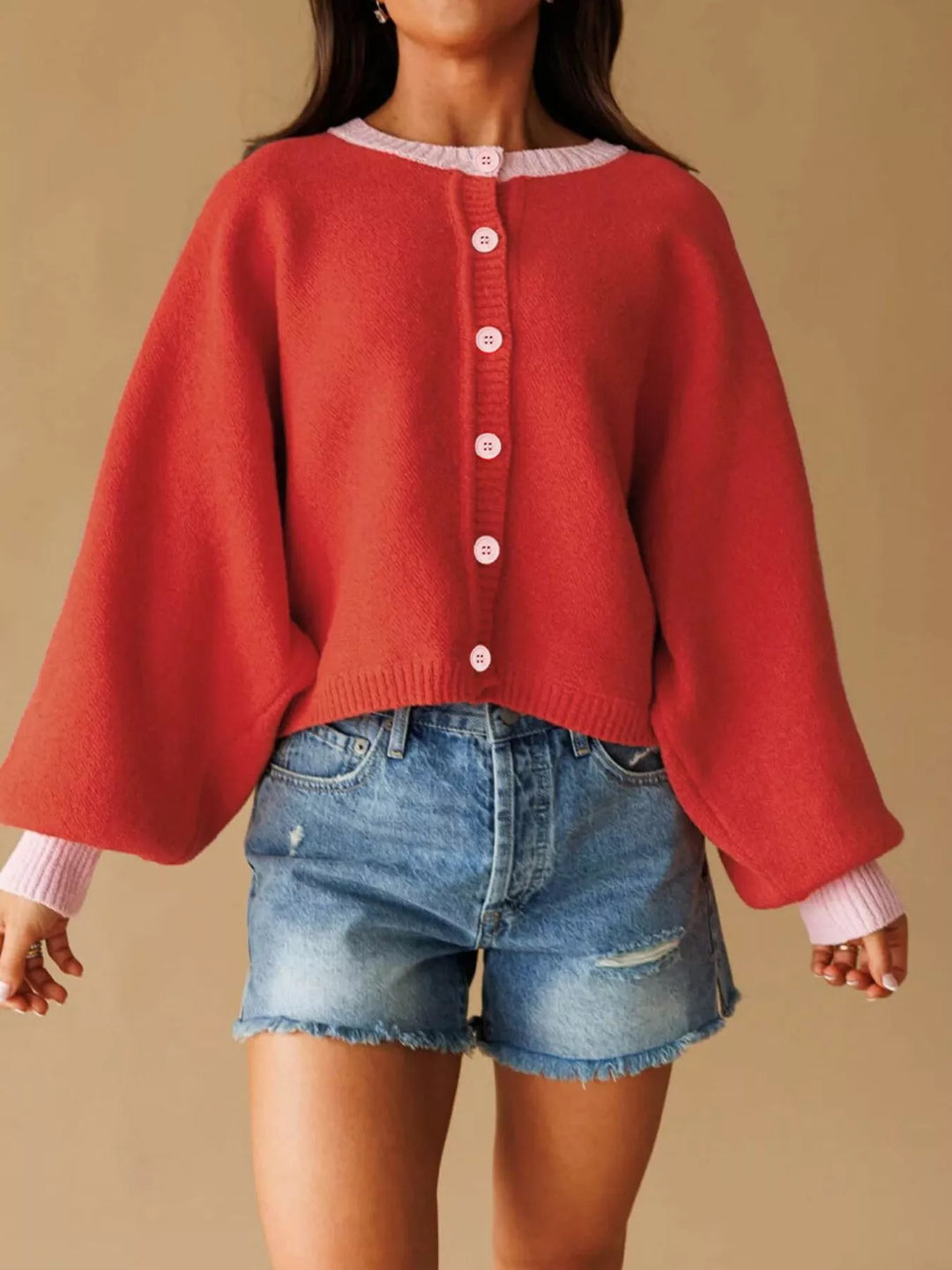 Contrast trim button-front knit cardigan with balloon sleeves