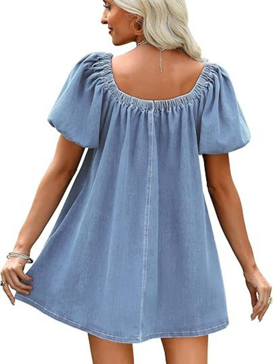 Off-shoulder puff sleeve denim mini dress