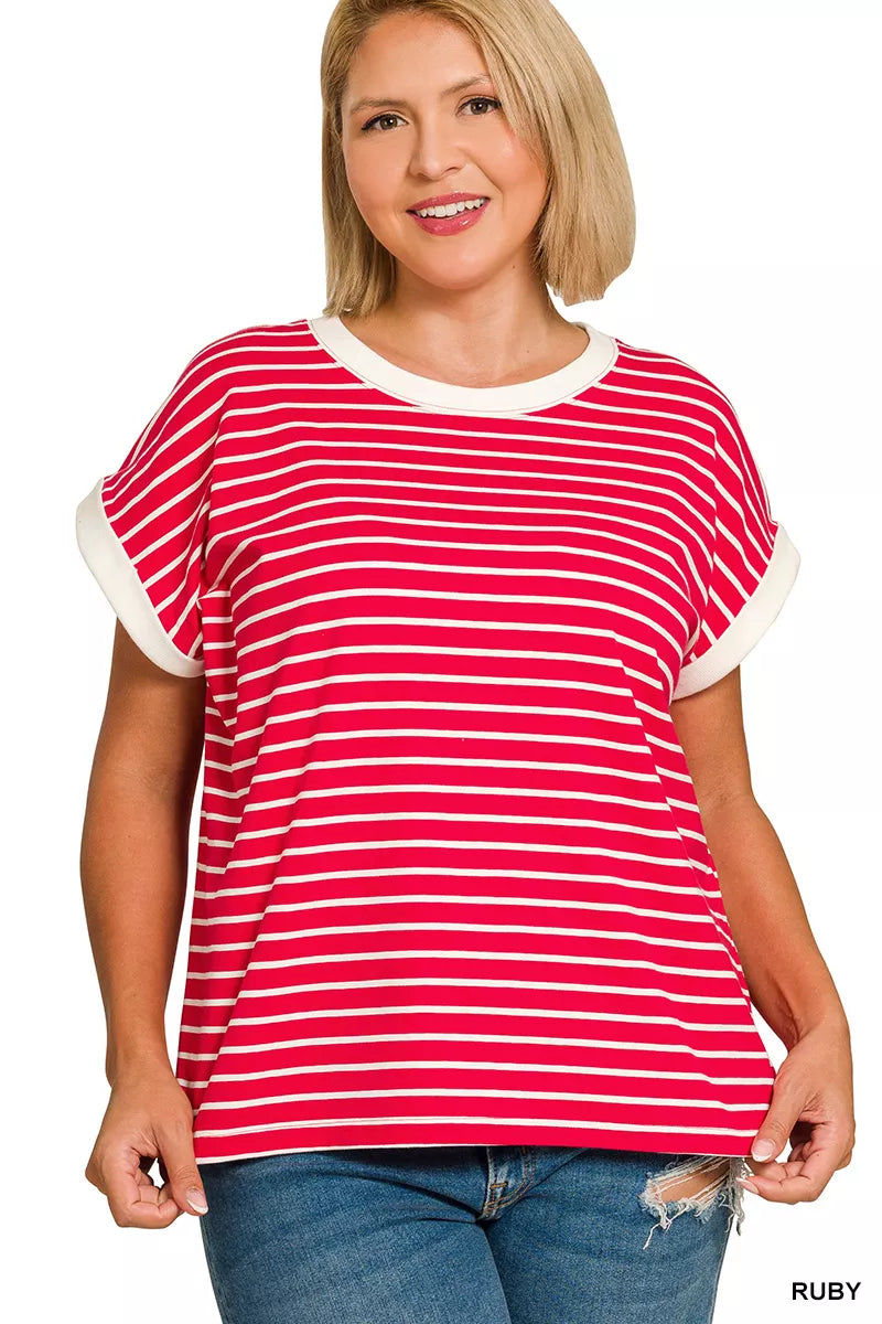 Striped cap sleeve tee with contrast trim