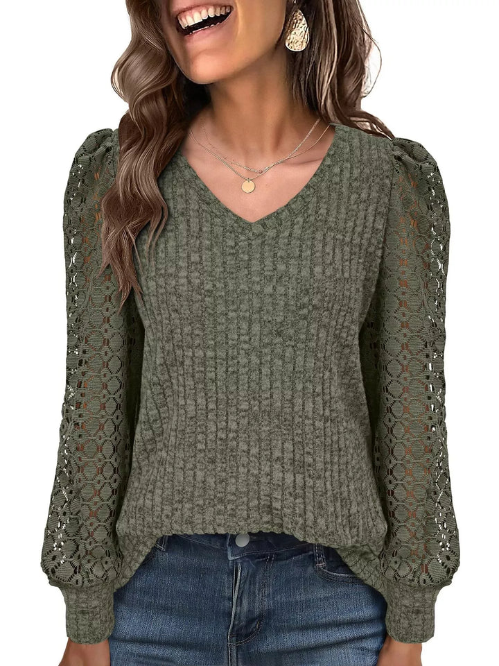 Sheer lace sleeve ribbed knit V-neck top