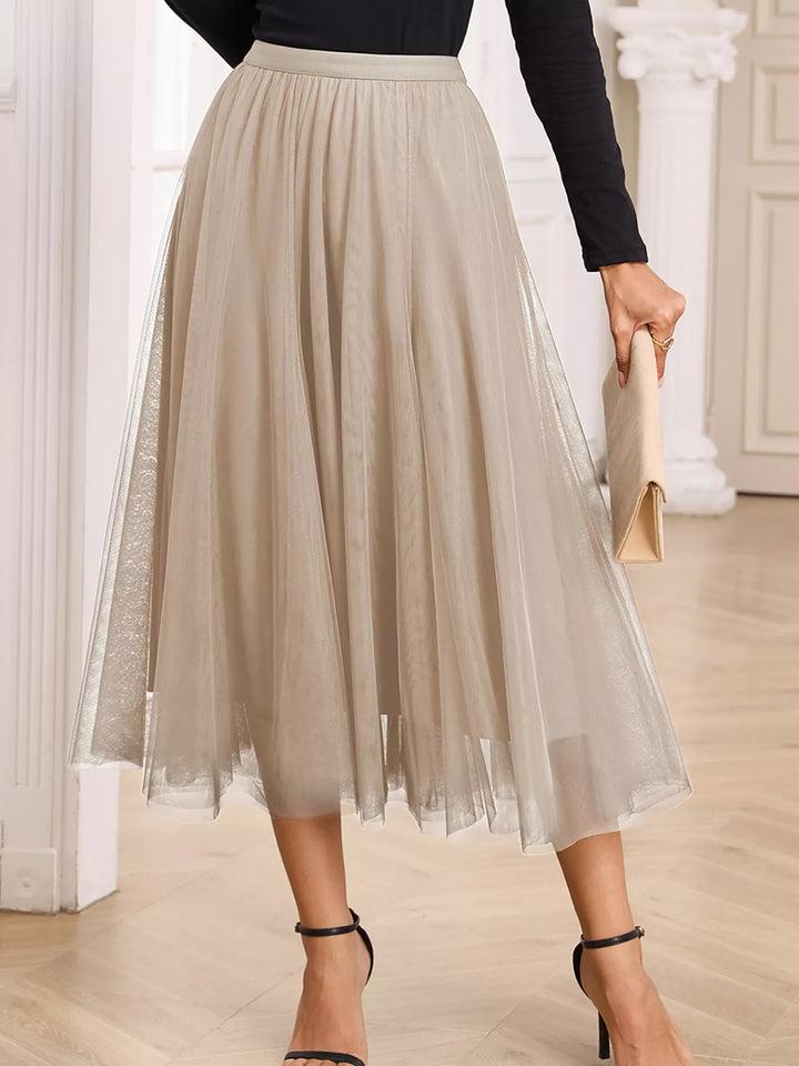 Dust Storm Tulle mesh overlay flared midi skirt with lace underlayer