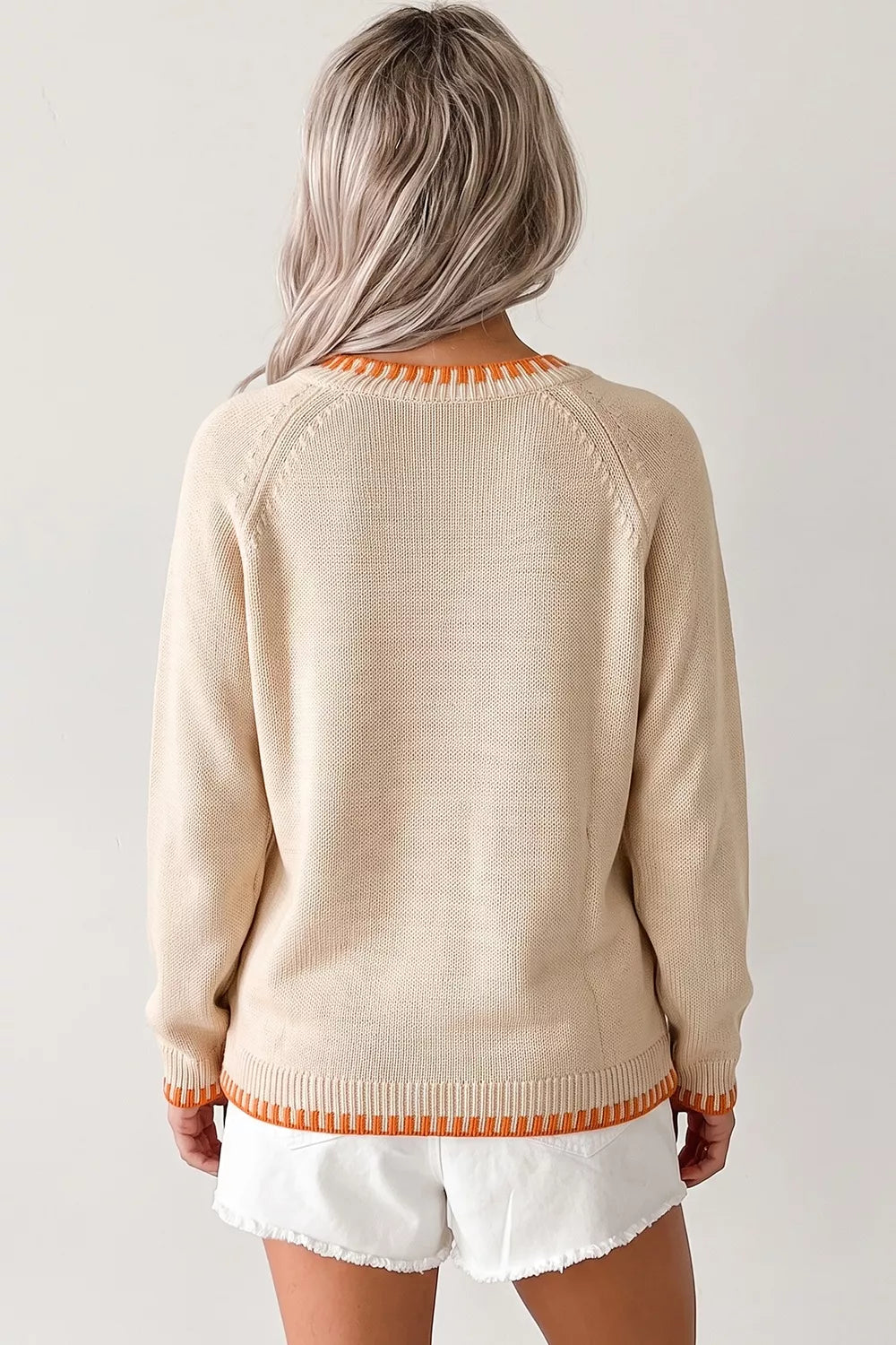 Pumpkin floral embroidery crew neck pullover sweater