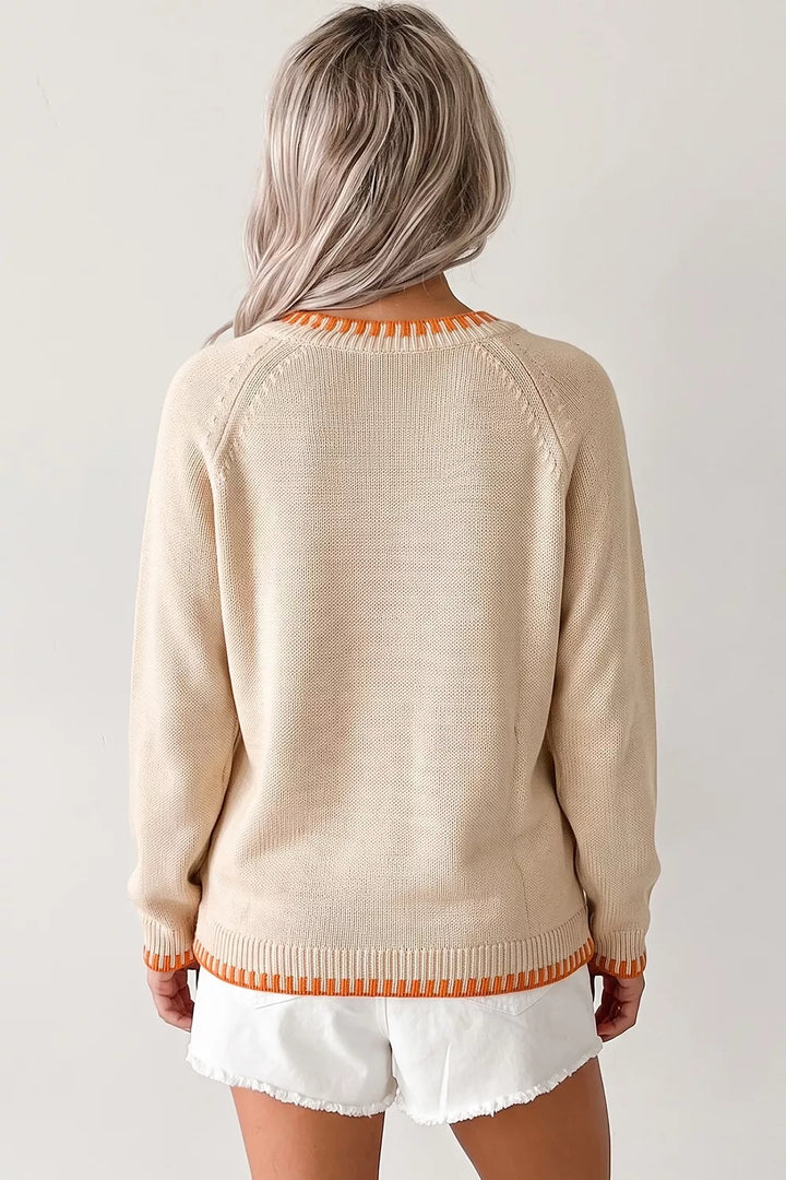 Pumpkin floral embroidery crew neck pullover sweater