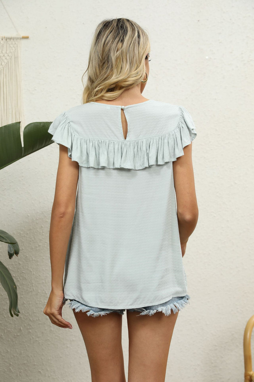 Crochet lace yoke flutter sleeve ruffle blouse