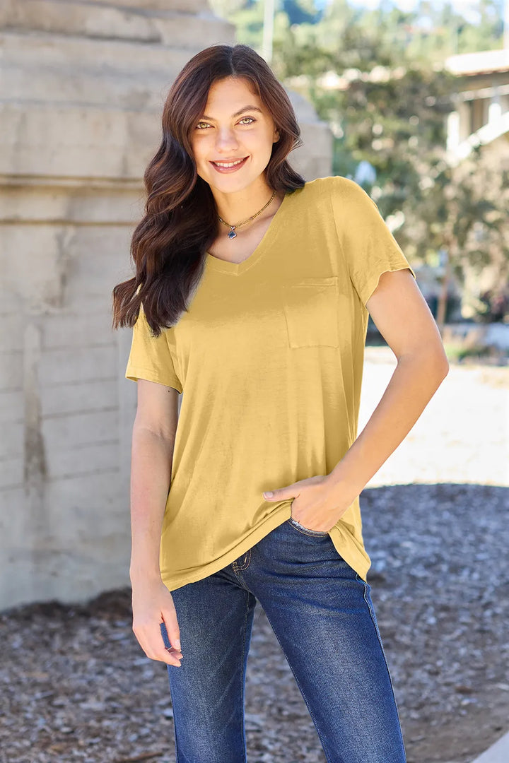 Yellow V-neck short sleeve bamboo tee with chest pocket