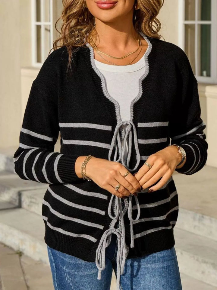 Striped tie-front knit cardigan with contrast trim